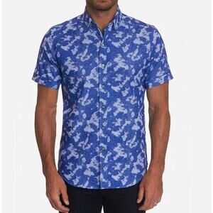 Robert Graham Ward Camo Jacquard Short Sleeve Shirt | Mens 2XL, Blue NWT $158